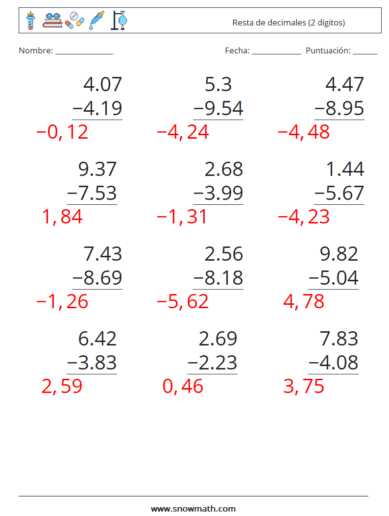 (12) Resta de decimales (2 dígitos) Hojas de trabajo de matemáticas 18 Pregunta, respuesta