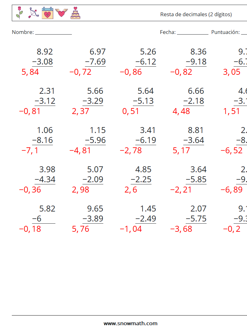 (25) Resta de decimales (2 dígitos) Hojas de trabajo de matemáticas 11 Pregunta, respuesta