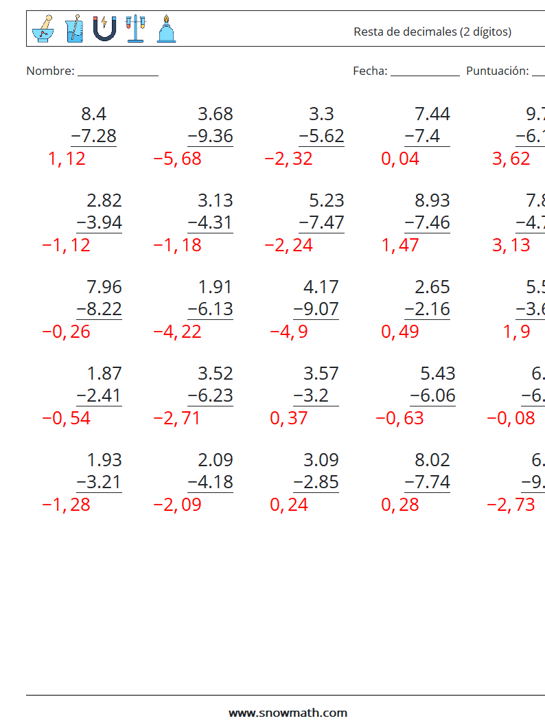 (25) Resta de decimales (2 dígitos) Hojas de trabajo de matemáticas 12 Pregunta, respuesta