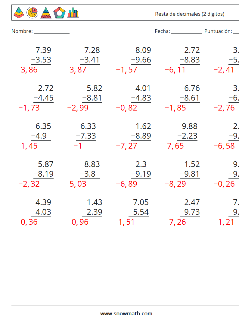 (25) Resta de decimales (2 dígitos) Hojas de trabajo de matemáticas 13 Pregunta, respuesta