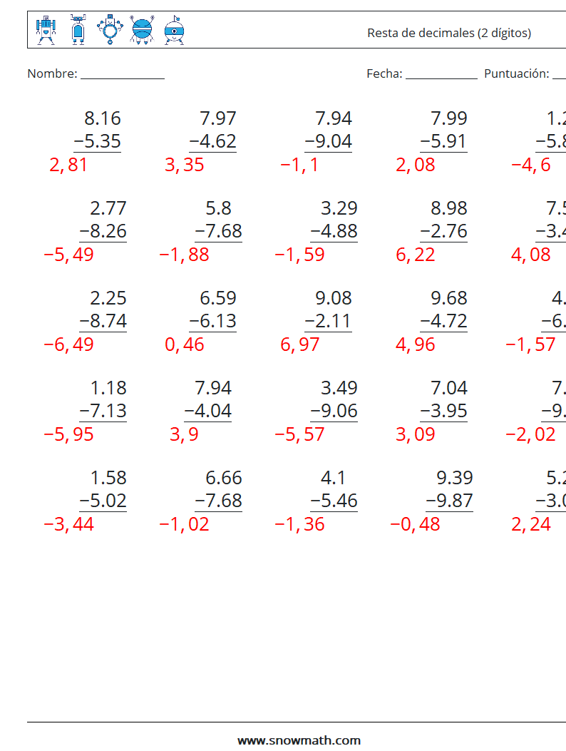 (25) Resta de decimales (2 dígitos) Hojas de trabajo de matemáticas 16 Pregunta, respuesta