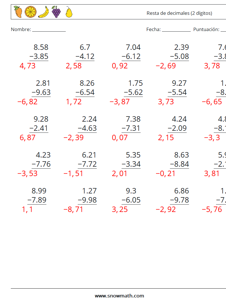 (25) Resta de decimales (2 dígitos) Hojas de trabajo de matemáticas 17 Pregunta, respuesta