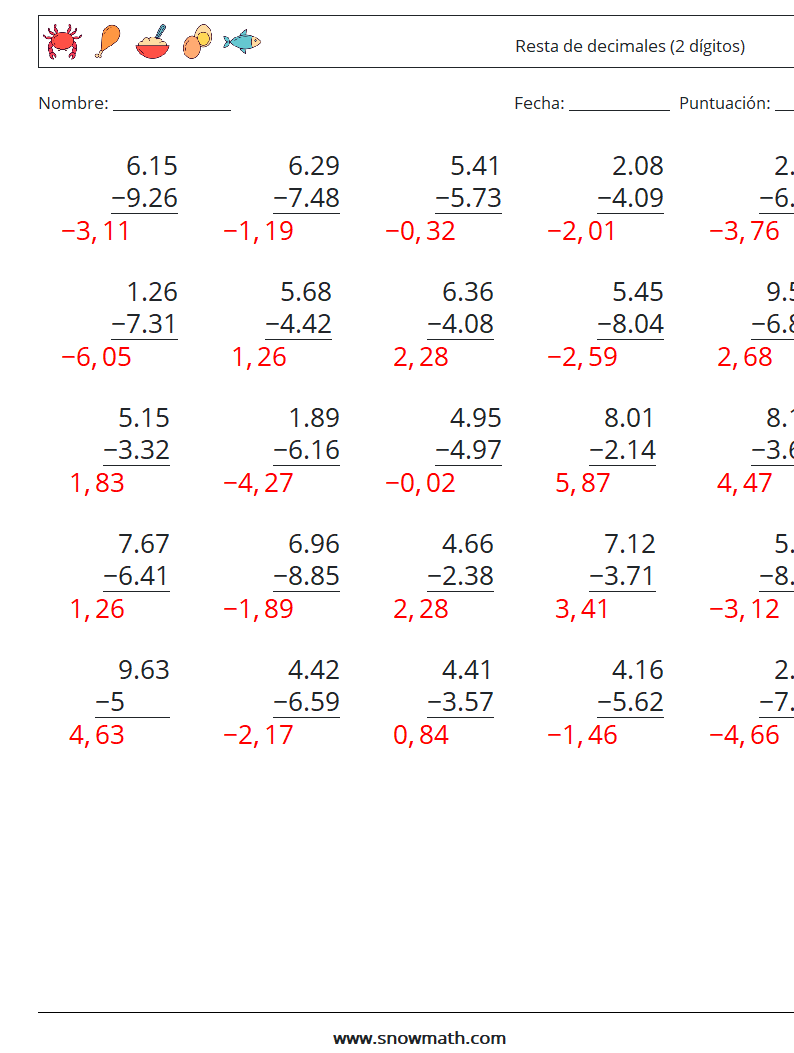 (25) Resta de decimales (2 dígitos) Hojas de trabajo de matemáticas 18 Pregunta, respuesta