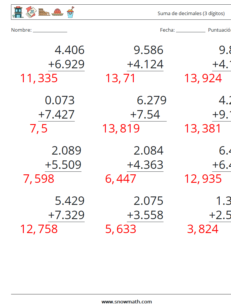 (12) Suma de decimales (3 dígitos) Hojas de trabajo de matemáticas 10 Pregunta, respuesta