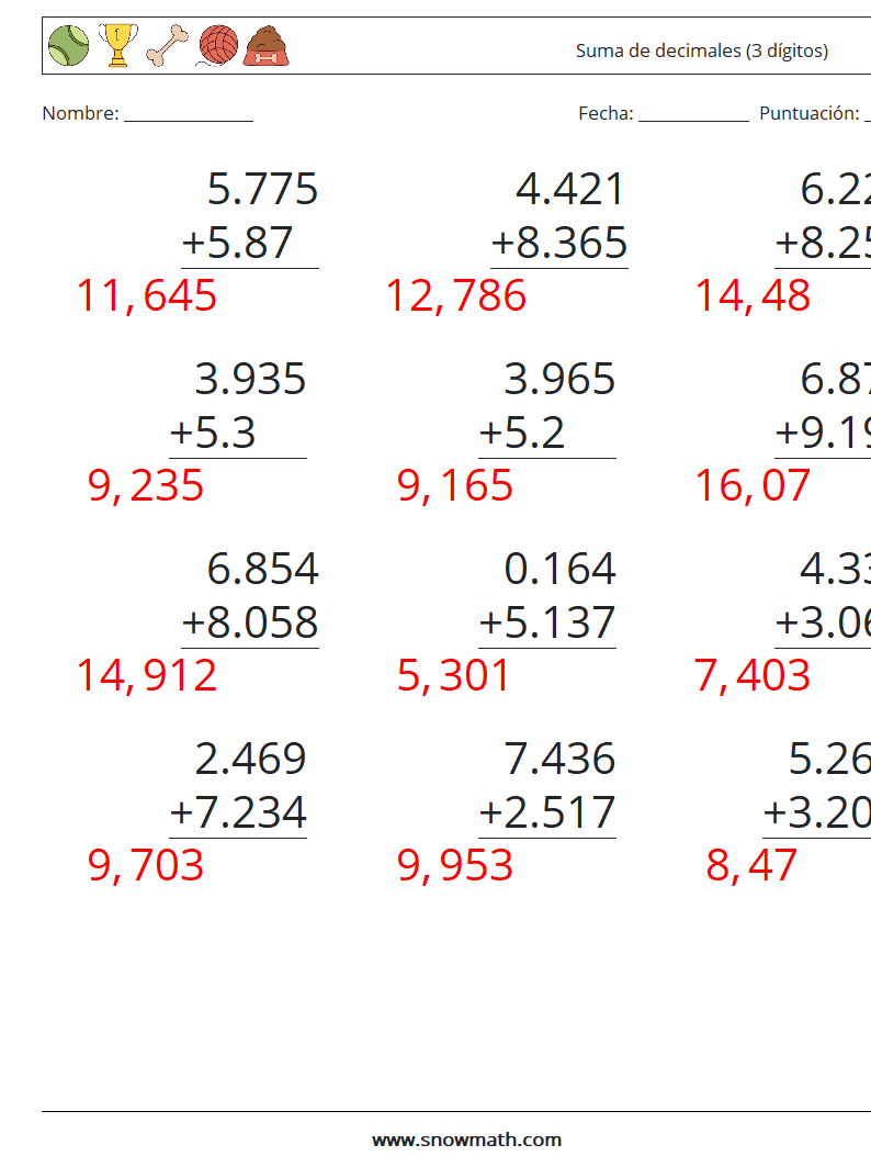 (12) Suma de decimales (3 dígitos) Hojas de trabajo de matemáticas 12 Pregunta, respuesta