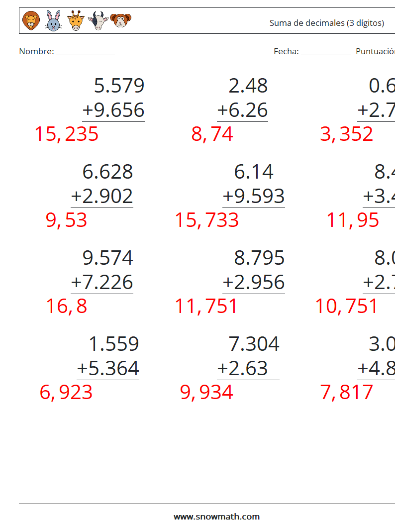 (12) Suma de decimales (3 dígitos) Hojas de trabajo de matemáticas 13 Pregunta, respuesta