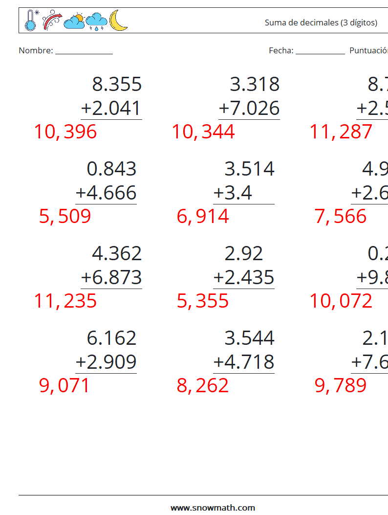 (12) Suma de decimales (3 dígitos) Hojas de trabajo de matemáticas 15 Pregunta, respuesta