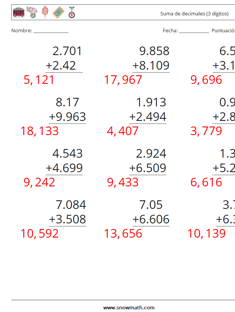 (12) Suma de decimales (3 dígitos) Hojas de trabajo de matemáticas 16 Pregunta, respuesta