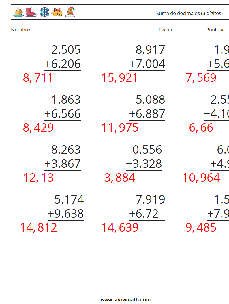 (12) Suma de decimales (3 dígitos) Hojas de trabajo de matemáticas 17 Pregunta, respuesta