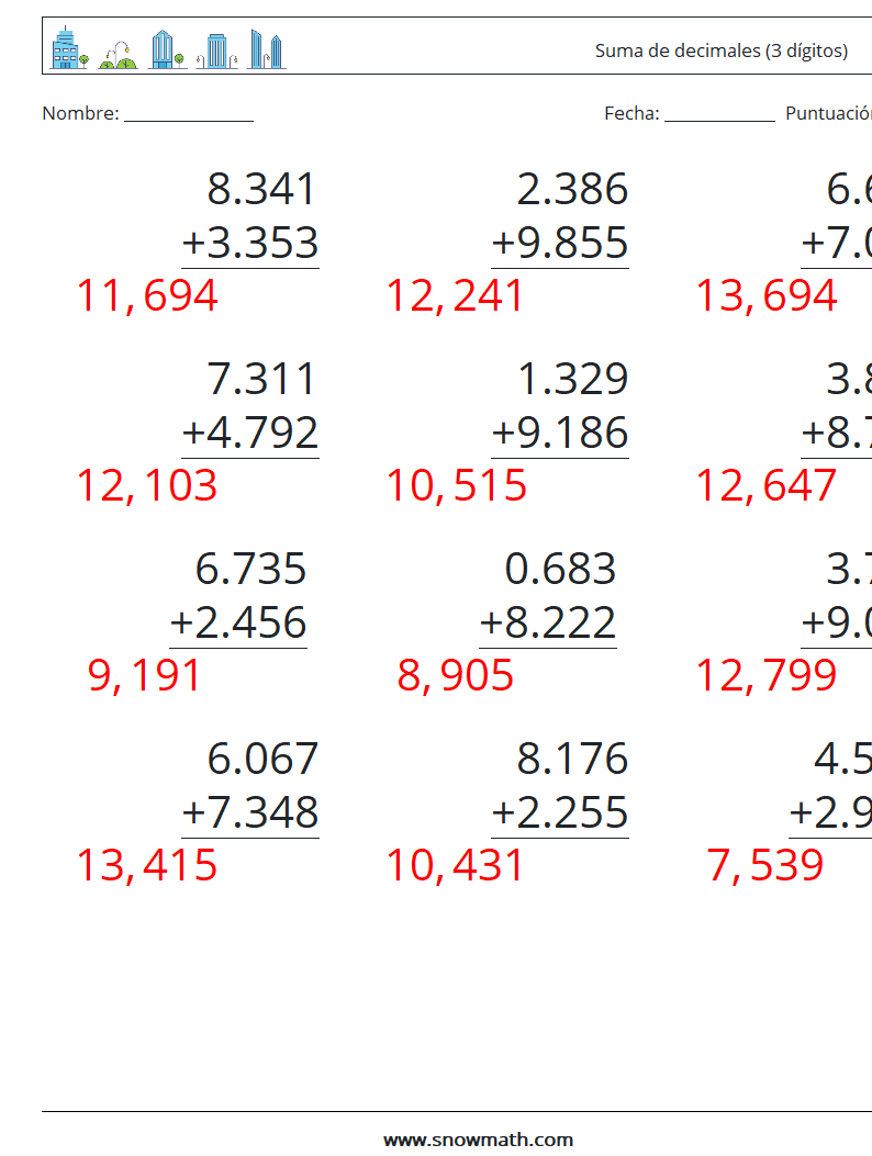 (12) Suma de decimales (3 dígitos) Hojas de trabajo de matemáticas 18 Pregunta, respuesta