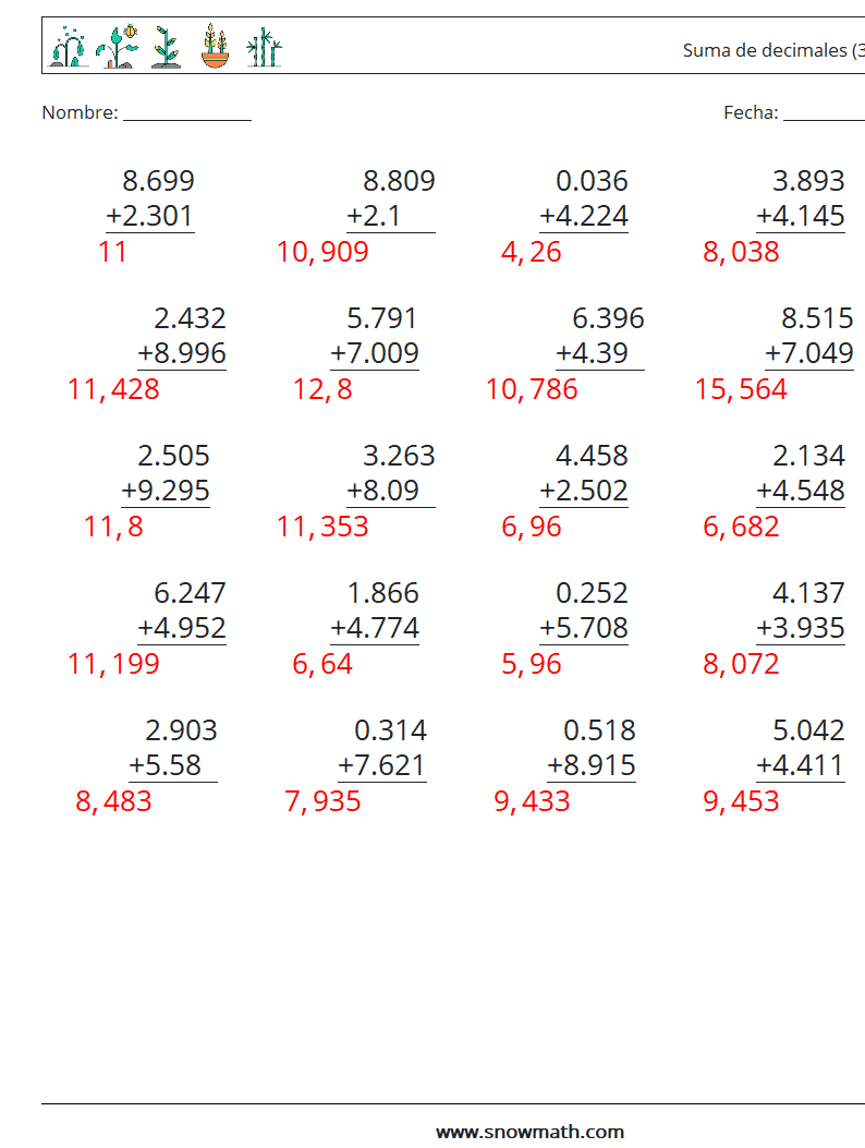 (25) Suma de decimales (3 dígitos) Hojas de trabajo de matemáticas 10 Pregunta, respuesta