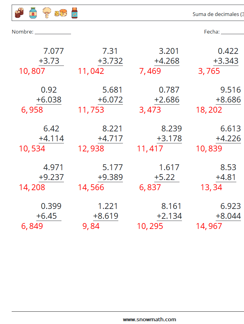 (25) Suma de decimales (3 dígitos) Hojas de trabajo de matemáticas 11 Pregunta, respuesta