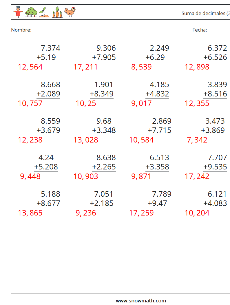 (25) Suma de decimales (3 dígitos) Hojas de trabajo de matemáticas 14 Pregunta, respuesta