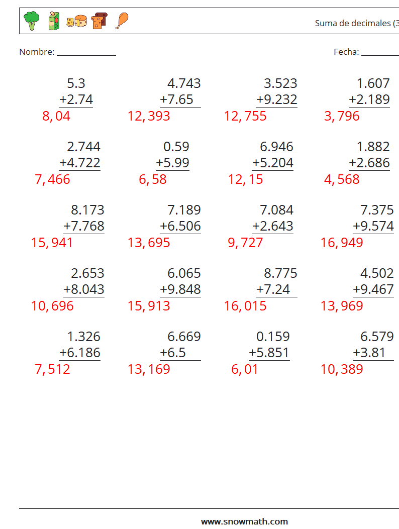 (25) Suma de decimales (3 dígitos) Hojas de trabajo de matemáticas 18 Pregunta, respuesta