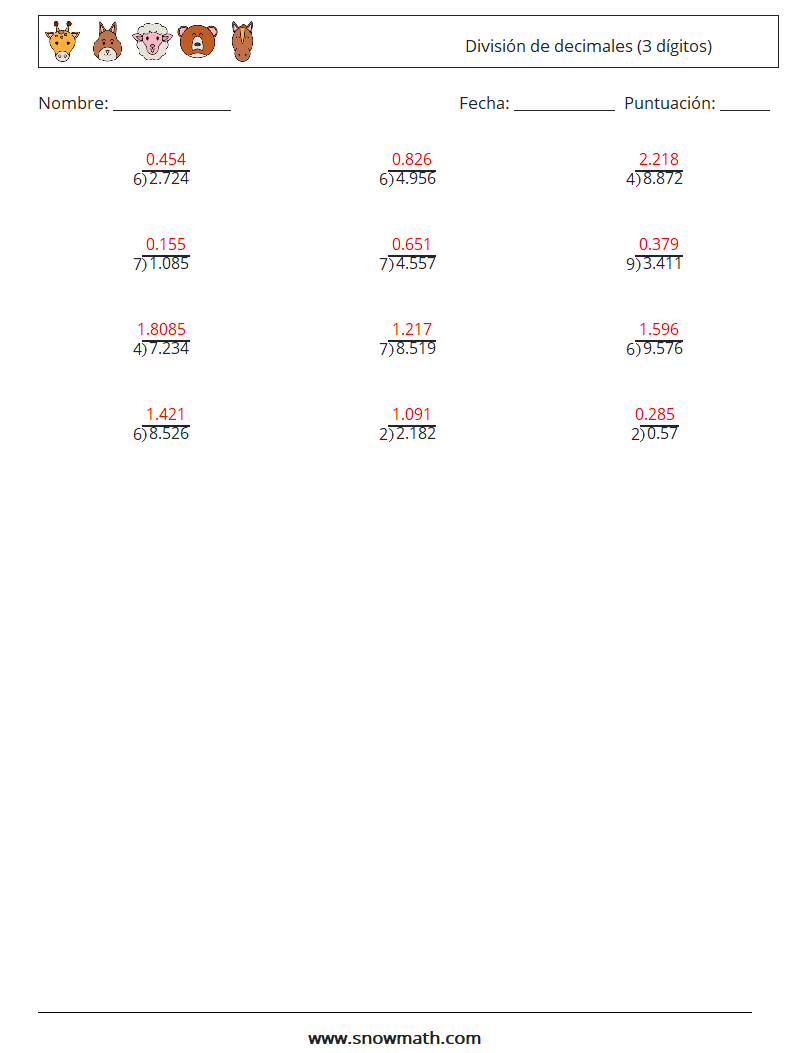 (12) División de decimales (3 dígitos) Hojas de trabajo de matemáticas 14 Pregunta, respuesta