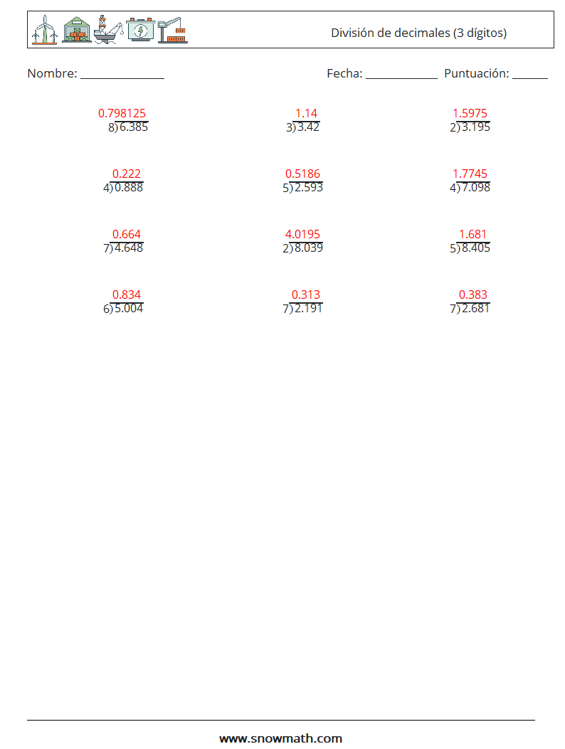 (12) División de decimales (3 dígitos) Hojas de trabajo de matemáticas 16 Pregunta, respuesta