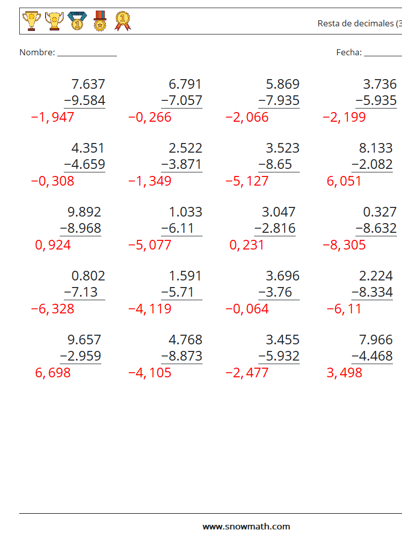 (25) Resta de decimales (3 dígitos) Hojas de trabajo de matemáticas 12 Pregunta, respuesta