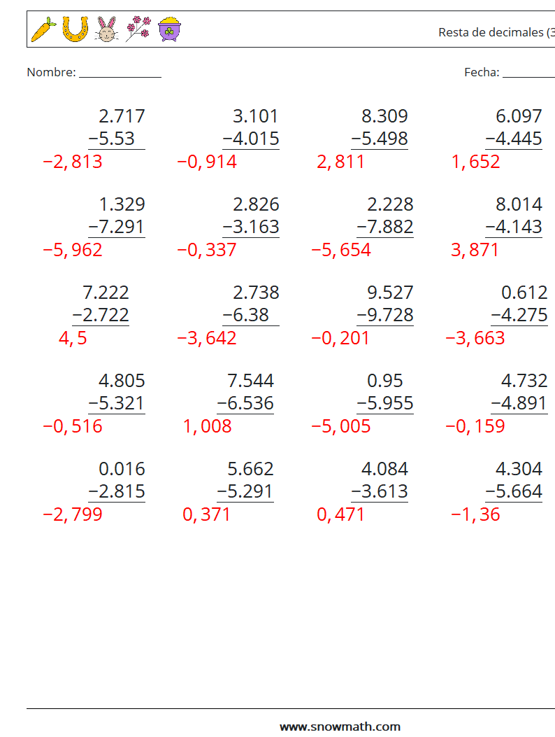 (25) Resta de decimales (3 dígitos) Hojas de trabajo de matemáticas 17 Pregunta, respuesta