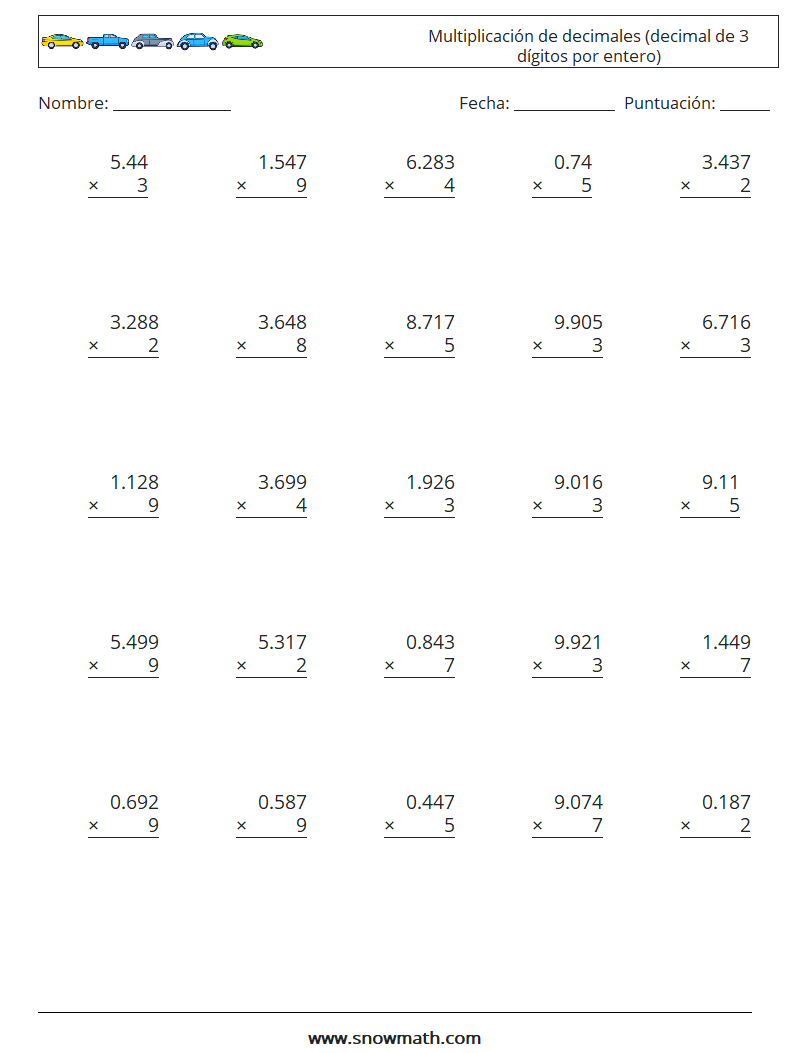(25) Multiplicación de decimales (decimal de 3 dígitos por entero) Hojas de trabajo de matemáticas 10