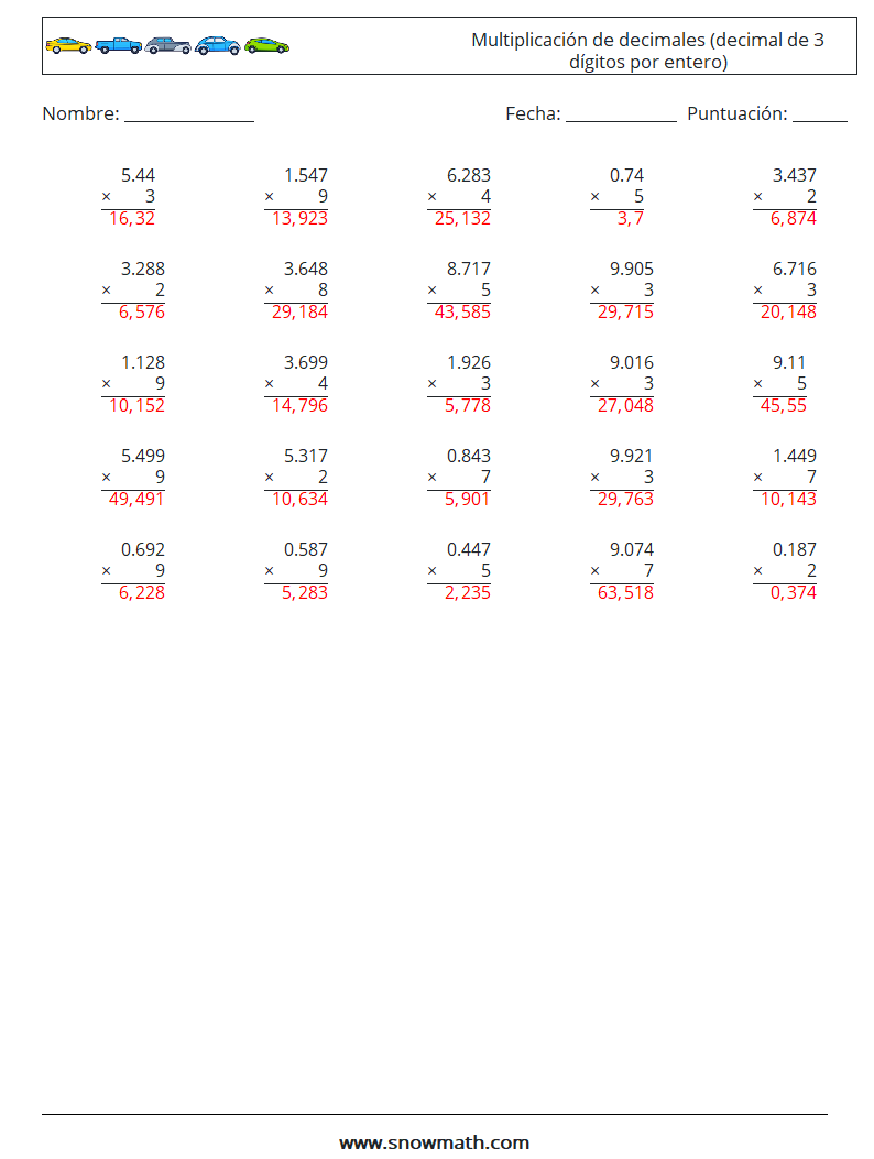 (25) Multiplicación de decimales (decimal de 3 dígitos por entero) Hojas de trabajo de matemáticas 10 Pregunta, respuesta