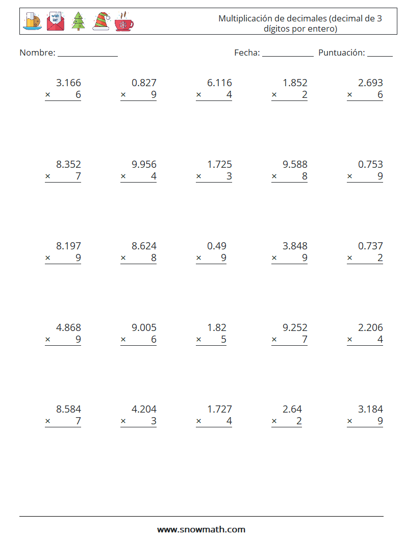 (25) Multiplicación de decimales (decimal de 3 dígitos por entero) Hojas de trabajo de matemáticas 11
