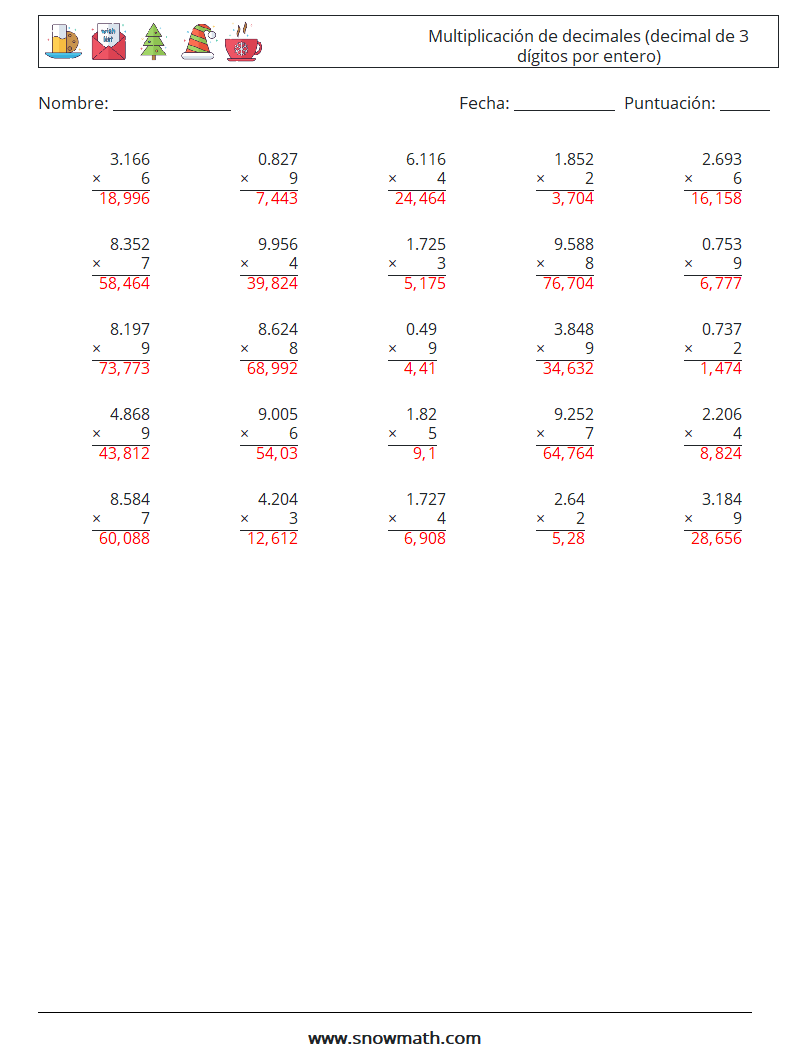 (25) Multiplicación de decimales (decimal de 3 dígitos por entero) Hojas de trabajo de matemáticas 11 Pregunta, respuesta