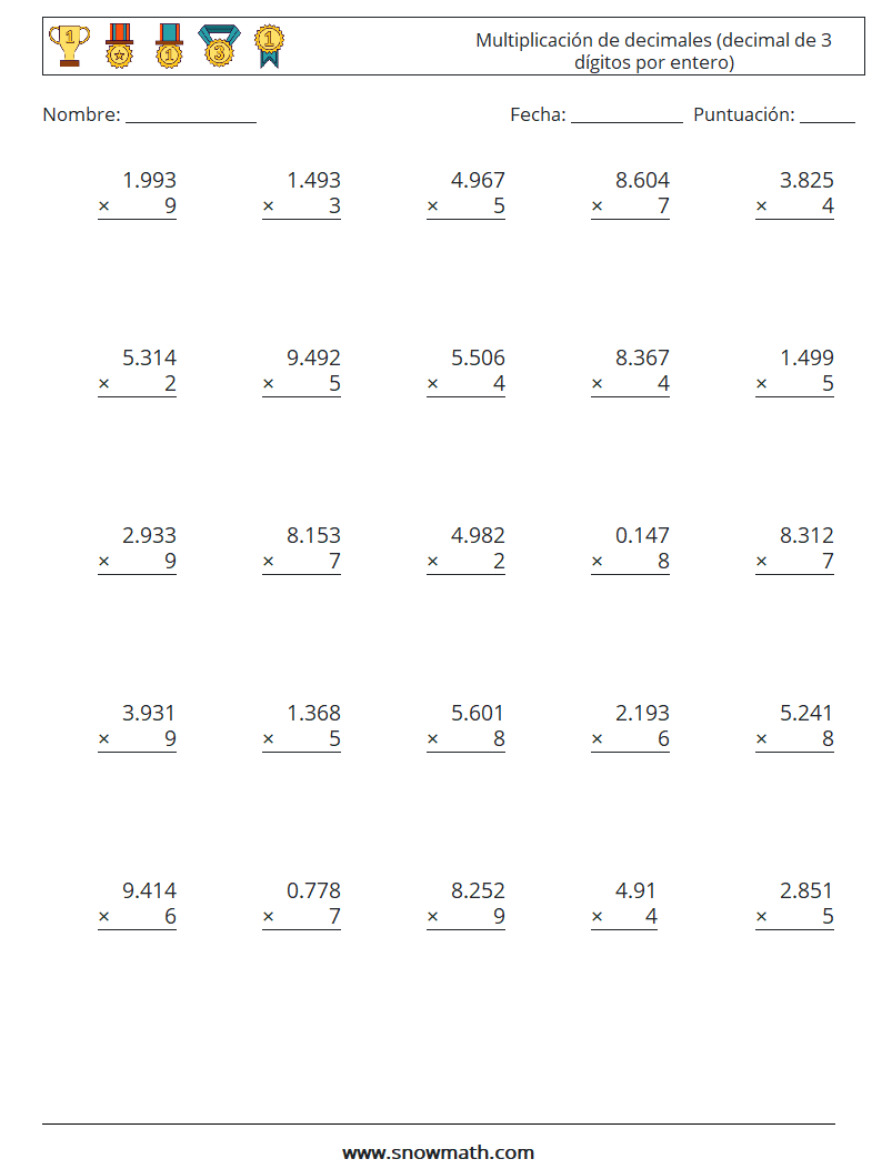 (25) Multiplicación de decimales (decimal de 3 dígitos por entero) Hojas de trabajo de matemáticas 12