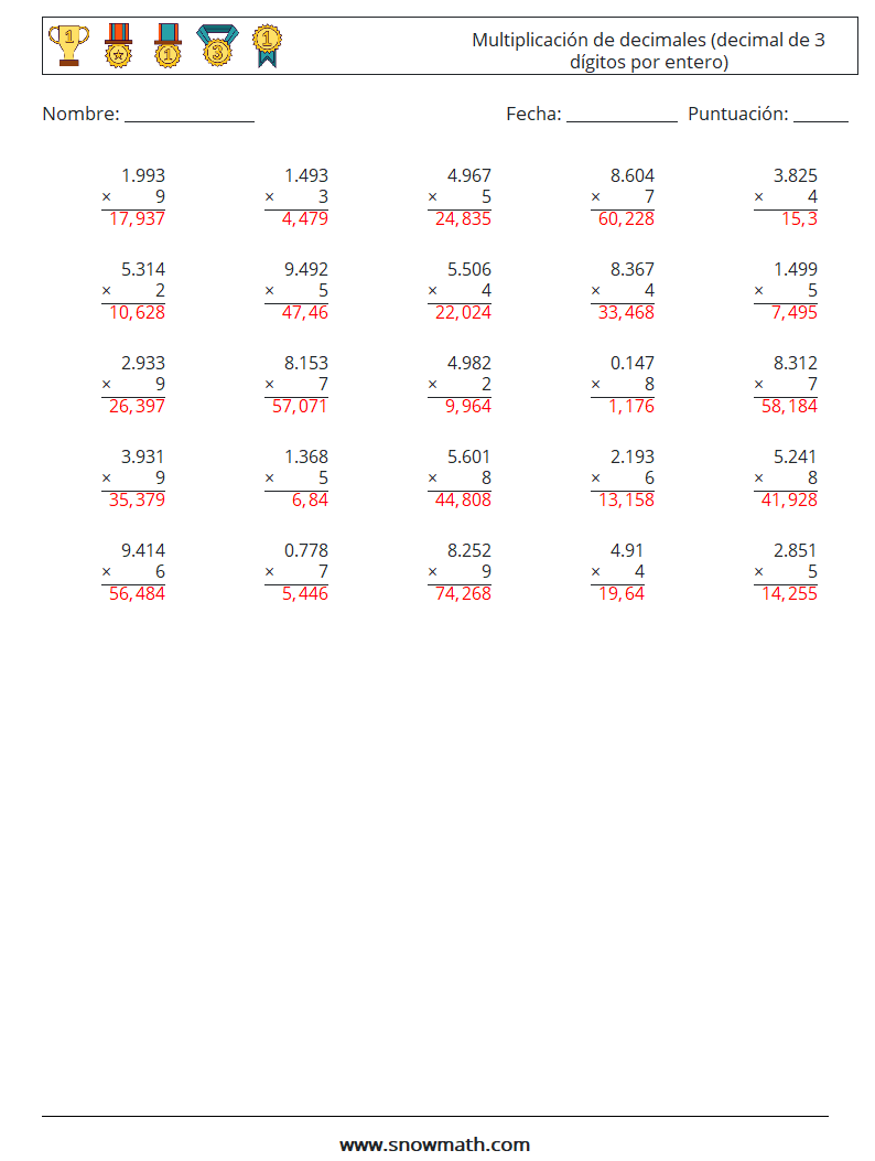 (25) Multiplicación de decimales (decimal de 3 dígitos por entero) Hojas de trabajo de matemáticas 12 Pregunta, respuesta