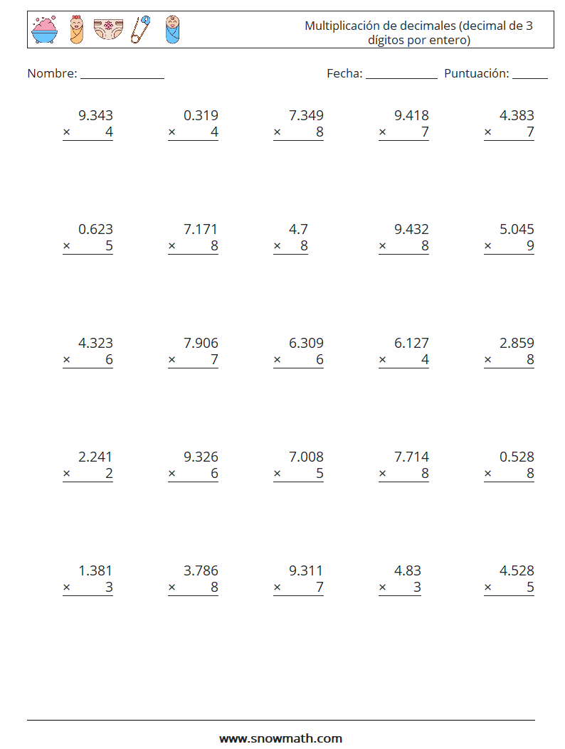 (25) Multiplicación de decimales (decimal de 3 dígitos por entero) Hojas de trabajo de matemáticas 13