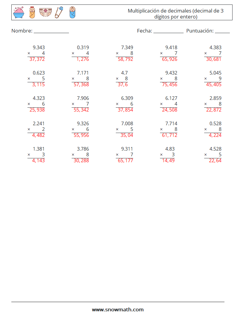 (25) Multiplicación de decimales (decimal de 3 dígitos por entero) Hojas de trabajo de matemáticas 13 Pregunta, respuesta