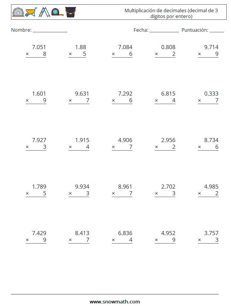 (25) Multiplicación de decimales (decimal de 3 dígitos por entero) Hojas de trabajo de matemáticas 14