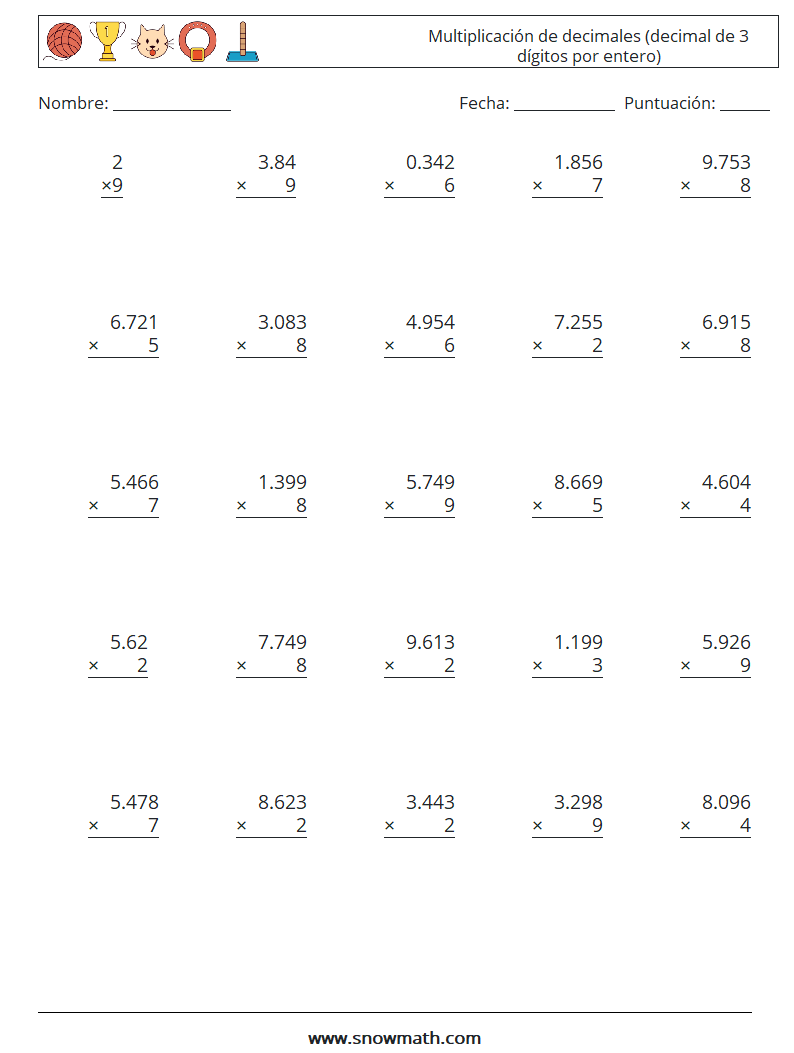 (25) Multiplicación de decimales (decimal de 3 dígitos por entero) Hojas de trabajo de matemáticas 15
