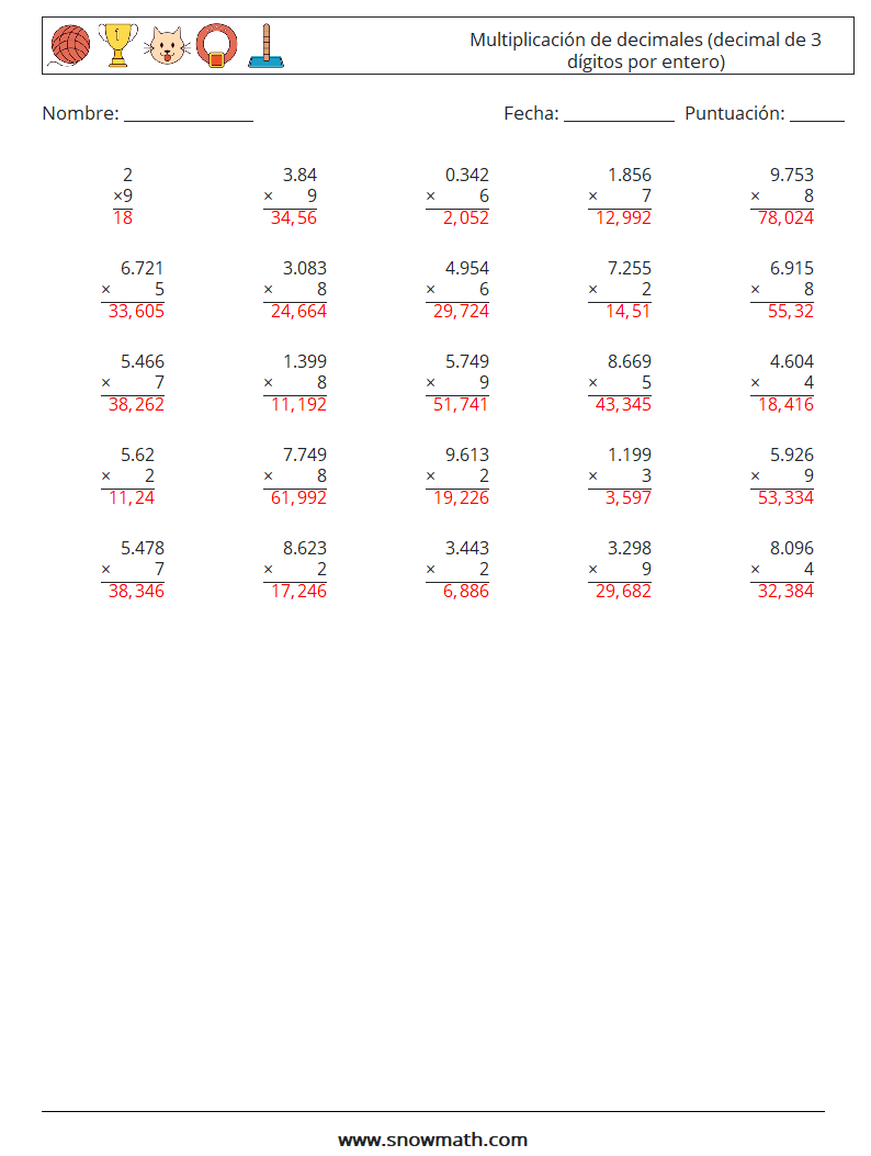 (25) Multiplicación de decimales (decimal de 3 dígitos por entero) Hojas de trabajo de matemáticas 15 Pregunta, respuesta