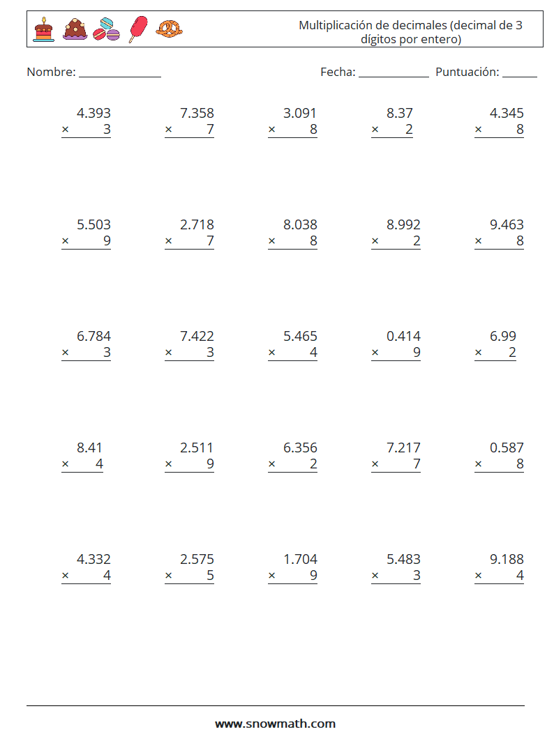 (25) Multiplicación de decimales (decimal de 3 dígitos por entero) Hojas de trabajo de matemáticas 16