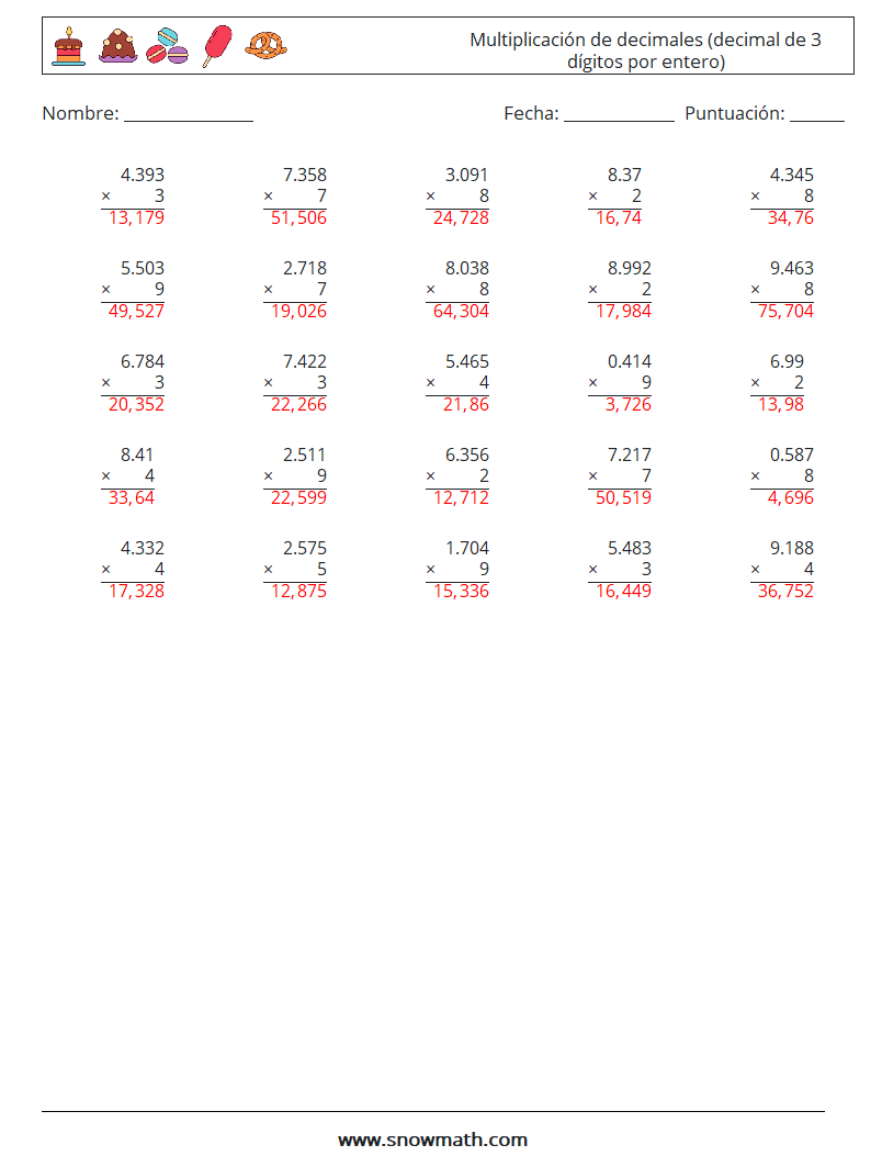 (25) Multiplicación de decimales (decimal de 3 dígitos por entero) Hojas de trabajo de matemáticas 16 Pregunta, respuesta