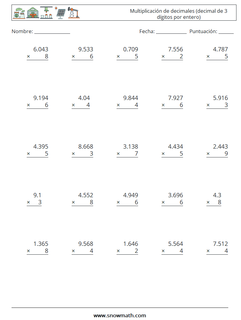 (25) Multiplicación de decimales (decimal de 3 dígitos por entero) Hojas de trabajo de matemáticas 17