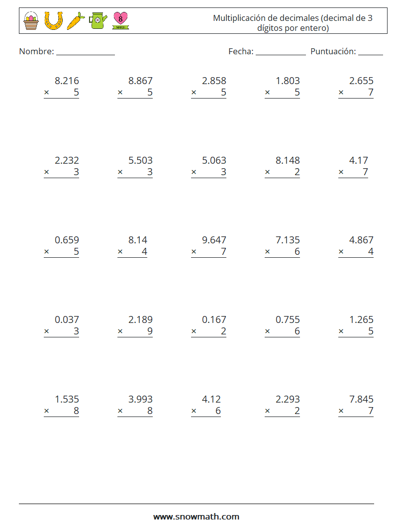 (25) Multiplicación de decimales (decimal de 3 dígitos por entero) Hojas de trabajo de matemáticas 18