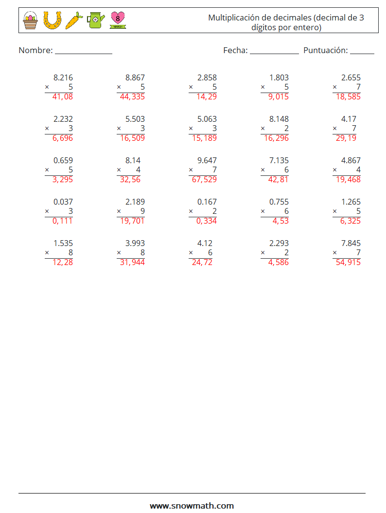 (25) Multiplicación de decimales (decimal de 3 dígitos por entero) Hojas de trabajo de matemáticas 18 Pregunta, respuesta