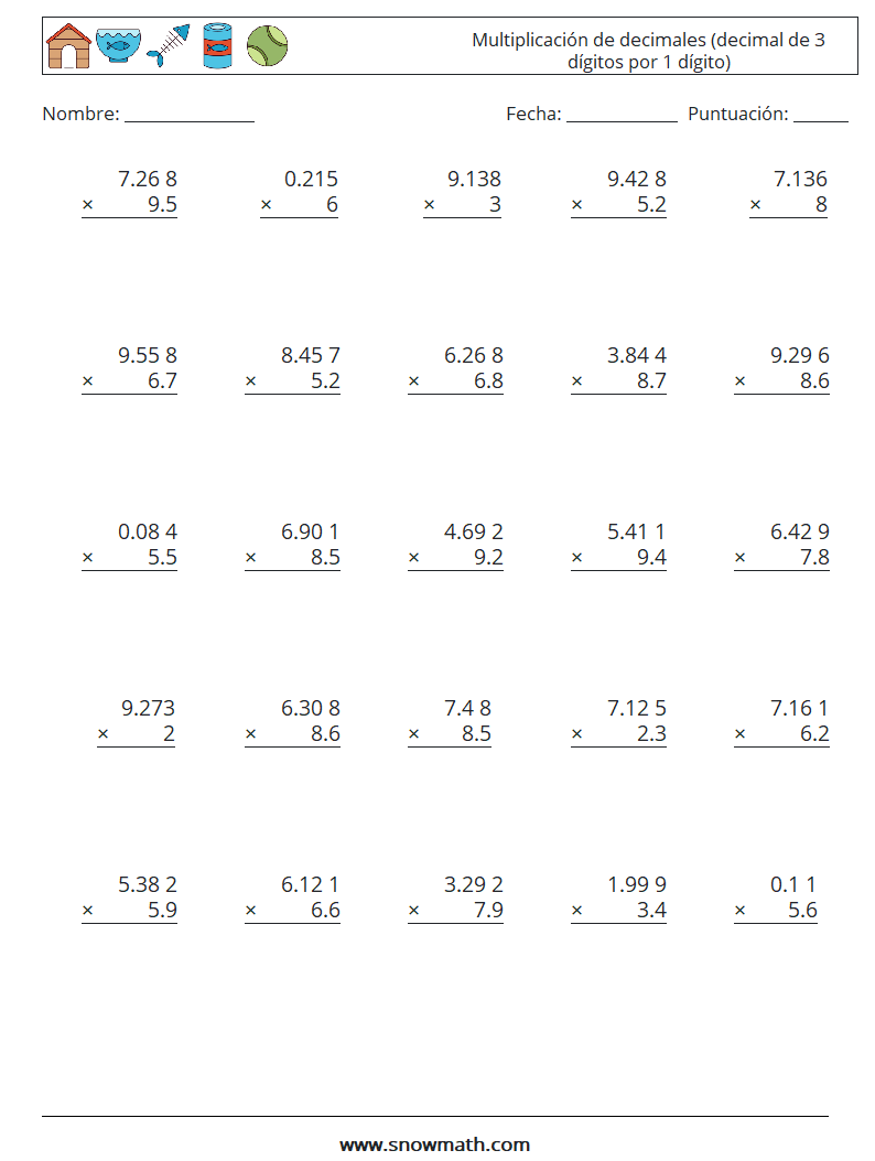 (25) Multiplicación de decimales (decimal de 3 dígitos por 1 dígito) Hojas de trabajo de matemáticas 10