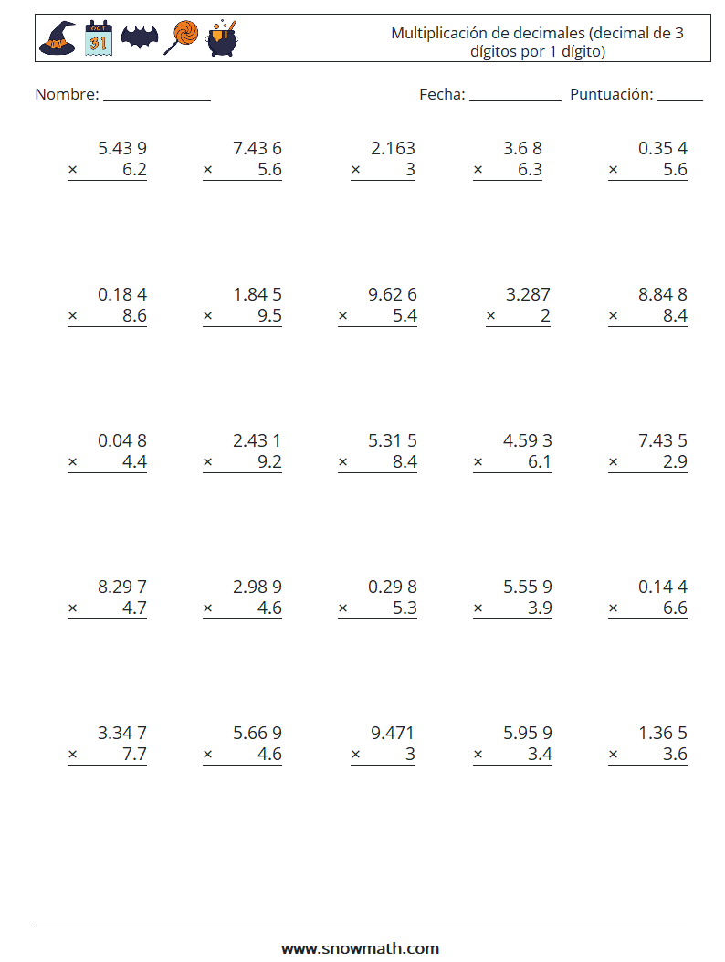 (25) Multiplicación de decimales (decimal de 3 dígitos por 1 dígito) Hojas de trabajo de matemáticas 11