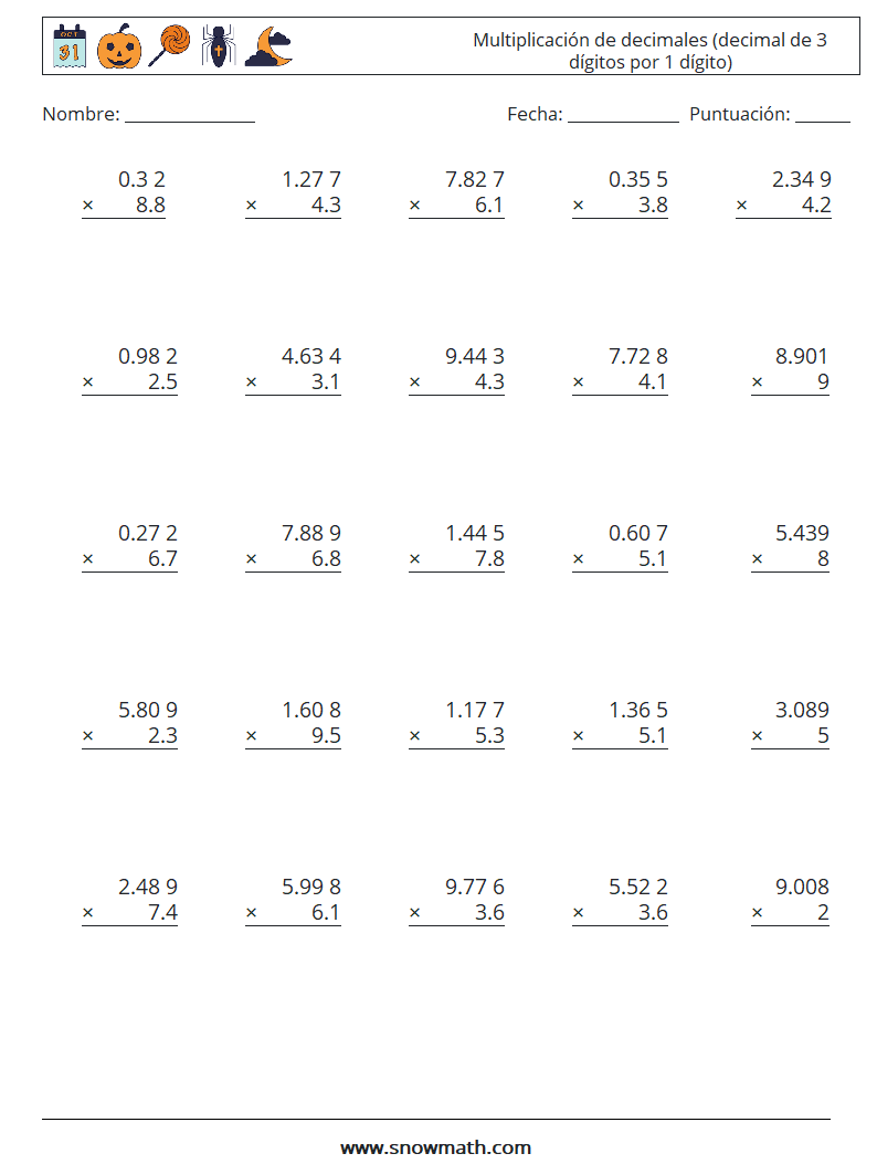 (25) Multiplicación de decimales (decimal de 3 dígitos por 1 dígito) Hojas de trabajo de matemáticas 12