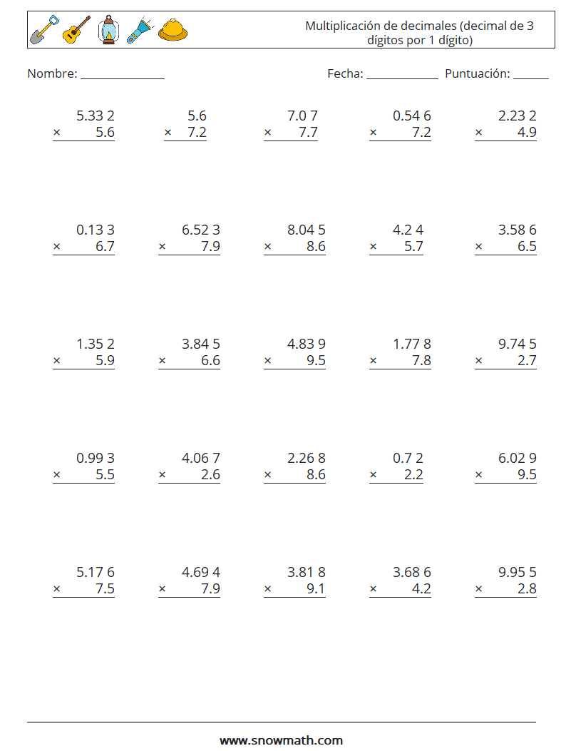 (25) Multiplicación de decimales (decimal de 3 dígitos por 1 dígito) Hojas de trabajo de matemáticas 13