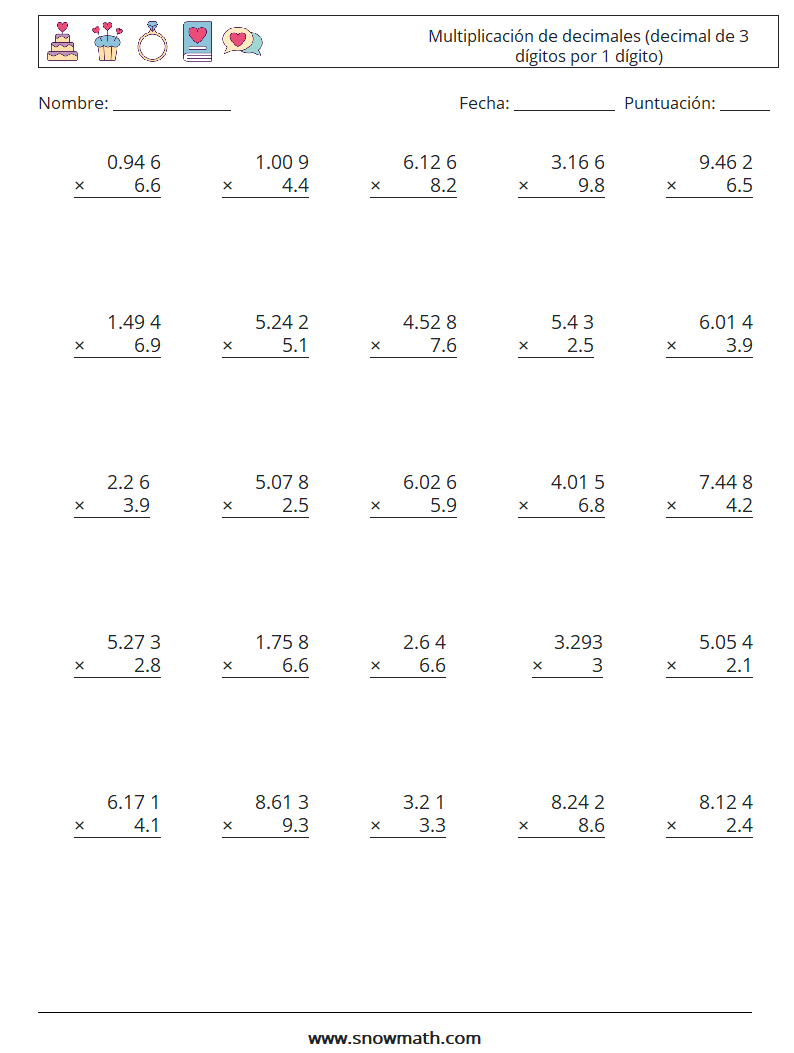 (25) Multiplicación de decimales (decimal de 3 dígitos por 1 dígito) Hojas de trabajo de matemáticas 15