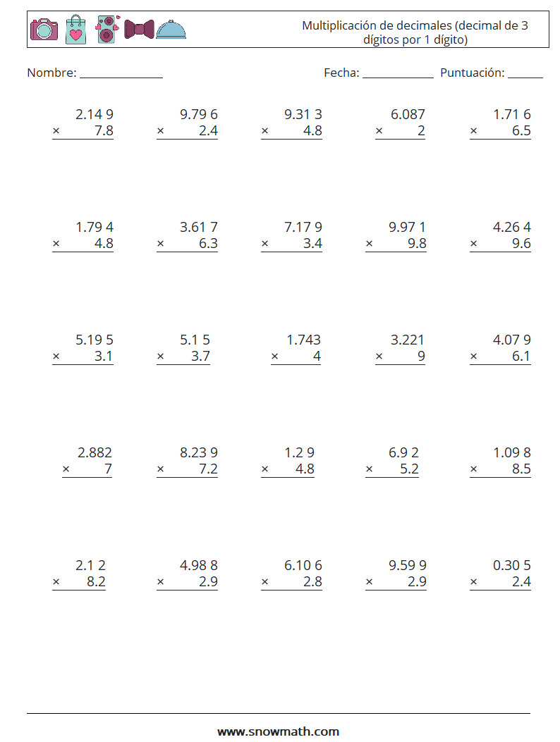 (25) Multiplicación de decimales (decimal de 3 dígitos por 1 dígito) Hojas de trabajo de matemáticas 16
