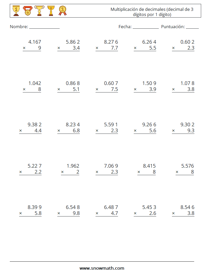 (25) Multiplicación de decimales (decimal de 3 dígitos por 1 dígito) Hojas de trabajo de matemáticas 17