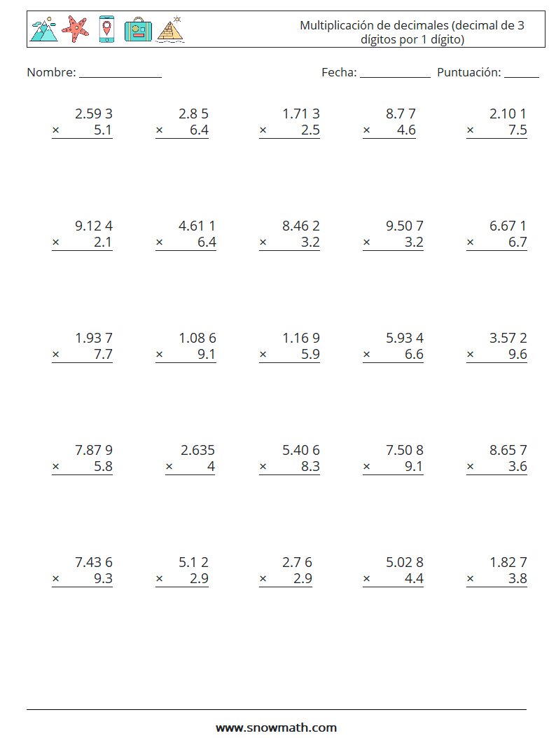 (25) Multiplicación de decimales (decimal de 3 dígitos por 1 dígito) Hojas de trabajo de matemáticas 18