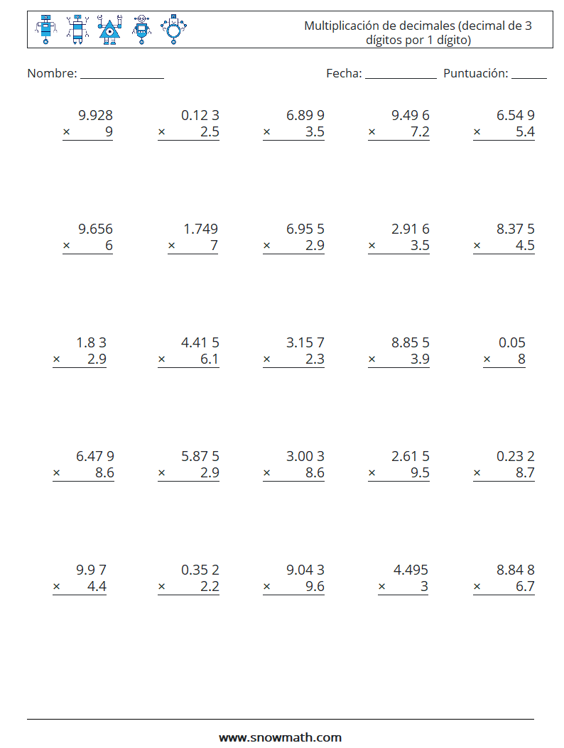 (25) Multiplicación de decimales (decimal de 3 dígitos por 1 dígito) Hojas de trabajo de matemáticas 2