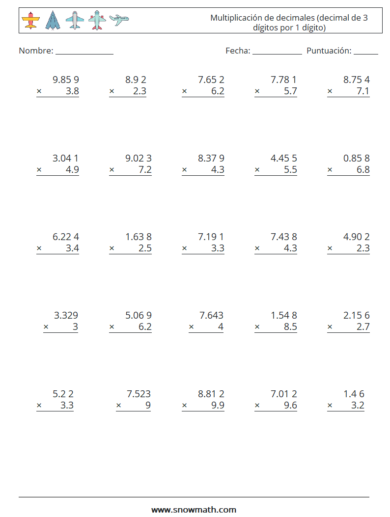 (25) Multiplicación de decimales (decimal de 3 dígitos por 1 dígito) Hojas de trabajo de matemáticas 3