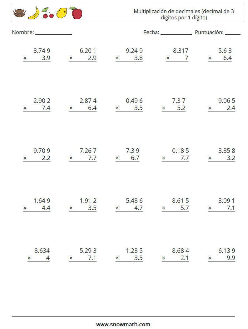 (25) Multiplicación de decimales (decimal de 3 dígitos por 1 dígito) Hojas de trabajo de matemáticas 4
