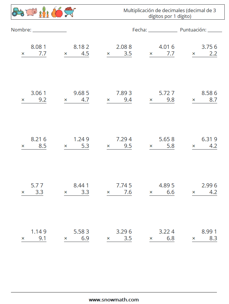 (25) Multiplicación de decimales (decimal de 3 dígitos por 1 dígito) Hojas de trabajo de matemáticas 5